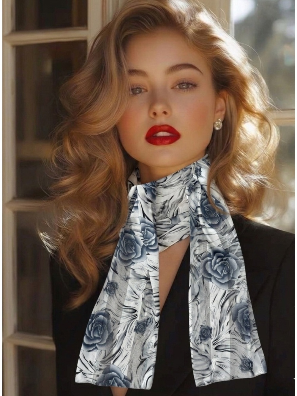 Vintage Silk Scarf Floral Rose Luxury Fashion Elegant Neutral White Blue Gray